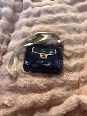 Coach Navy Patent Leather Crossbody with Cream Strap and Gold Trim